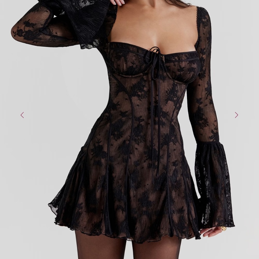 House of CB Black and Tan Babydoll Dress with Bell Sleeves